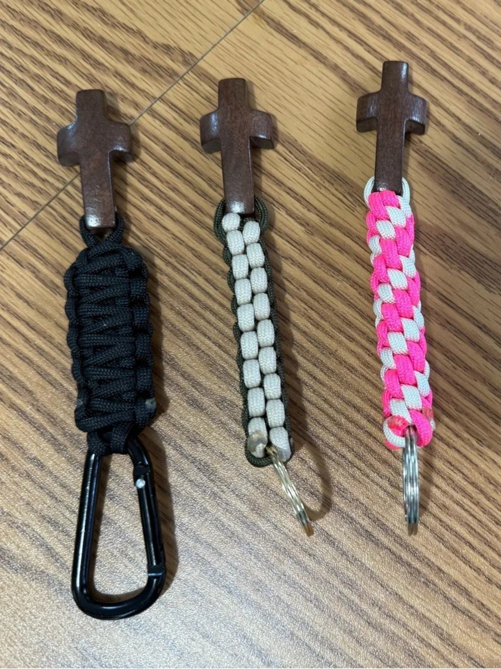 Wooden Worry Cross with Heart Inlay Paracord Keychains - Assorted Colors